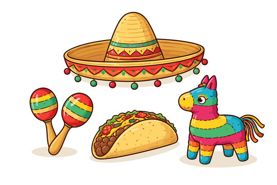 Colorful mexican fiesta elements with sombrero, maracas, taco, and pinata
