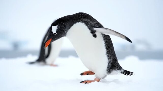 Adorable gentoo penguin with bright orange beak waddles across a vast icy antarctic landscape while its companion stands blurred in the background creating a natural wildlife portrait.