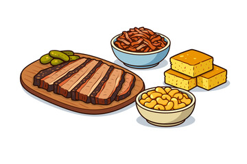 Delicious barbecue spread with brisket cornbread mac and cheese