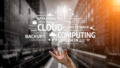 Abstract visualization of cloud computing technology featuring data management, backup, and analytics, showcasing the modern digital landscape and urban environment. Tessel