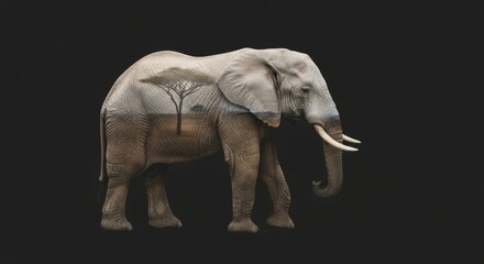 Fototapeta premium double exposure of a elephant with elephant habitat nature background, animal silhouette, animal photography, wilderness and conservation