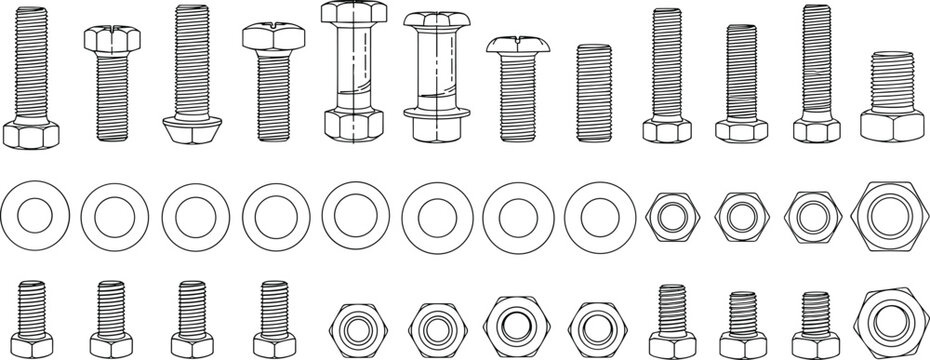 Grid illustration of bolts, nuts, and washers, mechanical fasteners vector artwork for engineering and construction design