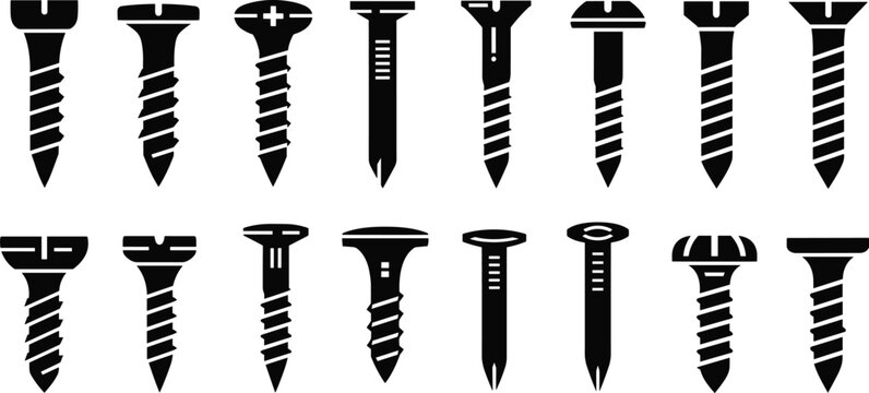Black silhouette illustration of screw head types and thread designs, mechanical fasteners vector artwork for construction