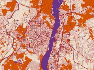 Fototapeta premium Minimal city map of Voronezh, Russian Federation with muted violet water and terracotta