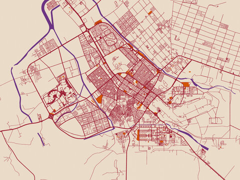 City map of Tabuk, Saudi Arabia &mdash; warm neutral background with burgundy linework streets, terracotta blocks and violet water contrast