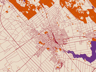 Street map of Subotica, Serbia in muted violet water and terracotta