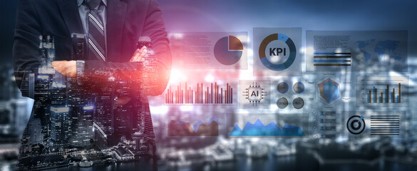 A business professional stands confidently with arms crossed, analyzing data charts and statistics against a vibrant cityscape, representing growth and innovation. Gantry