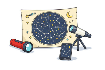 Stargazing tools with telescope, constellation map, and smartphone for astronomy enthusiasts