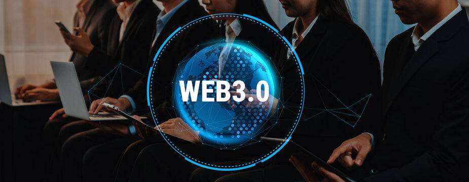 A diverse professional audience actively participating in a Web3.0 technology conference, illustrating global connectivity and the future of digital innovation and collaboration. Trope - Powered by Adobe