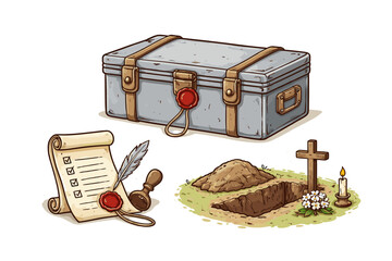 Antique chest and will with grave site in hand-drawn style