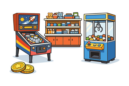 Retro arcade game room with pinball machine and claw crane in cartoon style