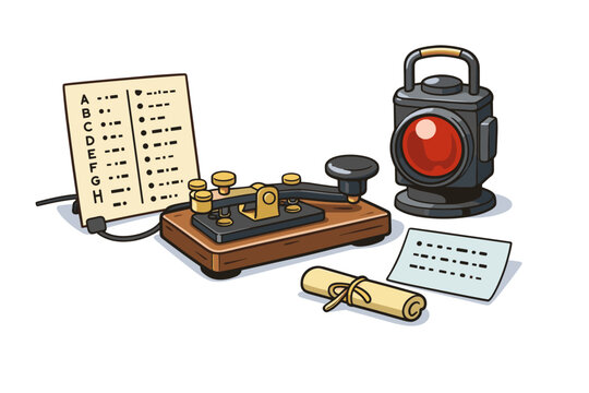 Vintage morse code set with telegraph key and signal lamp in cartoon style