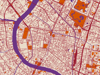 Obraz premium Cartographic city illustration of Bangkok old town, Thailand — warm ivory base with deep wine street grid, clay-orange areas and dusky purple waterways