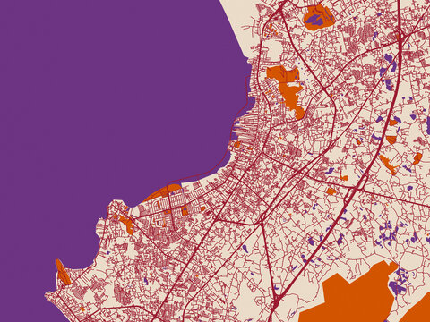 City map of Chon Buri, Thailand &ndash; burgundy linework on cream
