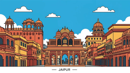 Vector illustration of Jaipur cityscape featuring traditional-inspired generic architecture, warm urban streets, and cultural Indian city atmosphere in flat solid colors for tourism and heritage theme © meeblues