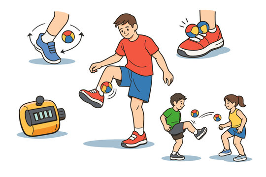 Child playing hacky sack with friends in cartoon style