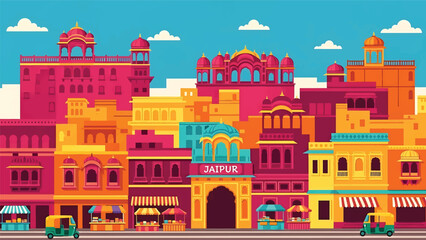 Vector illustration of Jaipur cityscape featuring traditional-inspired generic architecture, warm urban streets, and cultural Indian city atmosphere in flat solid colors for tourism and heritage theme