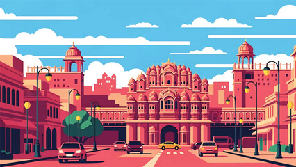 Vector illustration of Jaipur cityscape featuring traditional-inspired generic architecture, warm urban streets, and cultural Indian city atmosphere in flat solid colors for tourism and heritage theme © meeblues