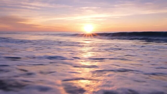 Sunset over ocean wave crashing on sandy beach, colorful seascape with glowing reflections
