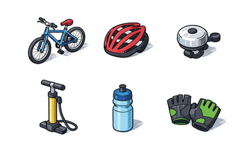 Bicycle accessories set: isometric gear and equipment for cycling enthusiasts
