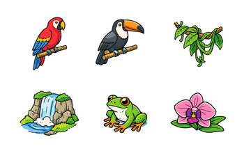 Obraz premium Tropical wildlife and nature icons set featuring birds, plants, and flowers