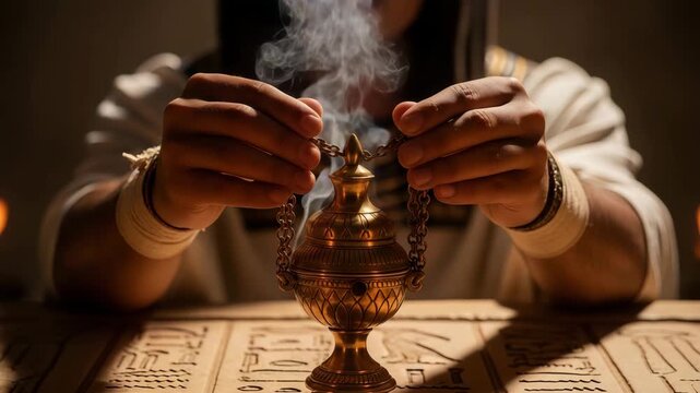 Close-up photorealistic image of ancient Egyptian priest&rsquo;s hands holding incense over a stone altar, face out of frame, warm firelight, sacred ritual mood
