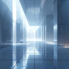 Futuristic Architecture - A Gleaming, Minimalist Hallway with Light and Reflection.