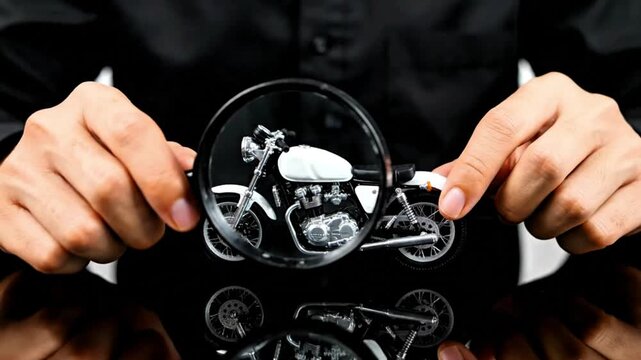 Video, tangible fixed assets background, hands examining 3D motorcycle assets with magnifying glass, investment, lifestyle, vehicles, 