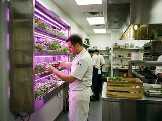 Chef inspecting plants in a commercial kitchen with vertical farming setup under purple LED grow lights