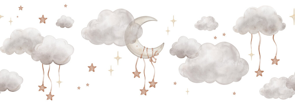 Seamless border with Composition with moon with grey clouds and red yellow stars. Cute baby Isolated hand drawn Watercolor illustration. Design for kid's textiles, baby shower and children's room
