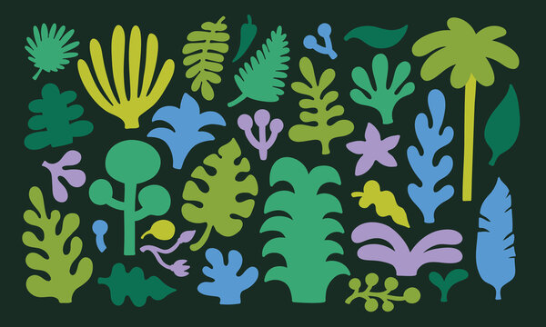 Collection of summer tropical flora. Stickers exotic tropical leaves, jungle plants, palm trees, monstera leaves and flowers. Set of vector leaves in cartoon doodle simple cutout style. 