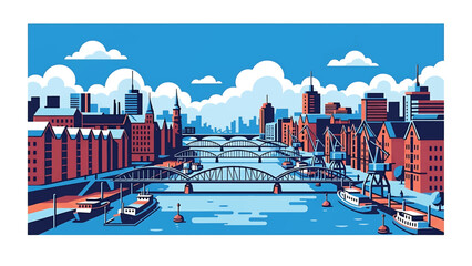 Vector illustration of Hamburg cityscape featuring a waterfront German city with generic port buildings, bridges, river elements, and modern skyline in flat vector style for travel and business themes © meeblues