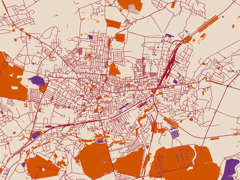 City map of Drohobych, Ukraine &mdash; warm neutral background with burgundy linework streets, terracotta blocks and violet water contrast