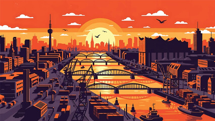 Vector illustration of Hamburg cityscape featuring a waterfront German city with generic port buildings, bridges, river elements, and modern skyline in flat vector style for travel and business themes © meeblues