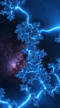 Abstract fractal design with glowing electric blue patterns against a deep space background
