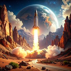Obraz premium Rocket launches from desert canyon towards a large planet in the sky