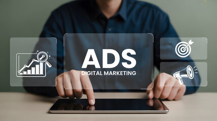 Man Using Tablet with Digital Marketing ADS Interface - Online Advertising Strategy, Analytics, and Targeting Concept