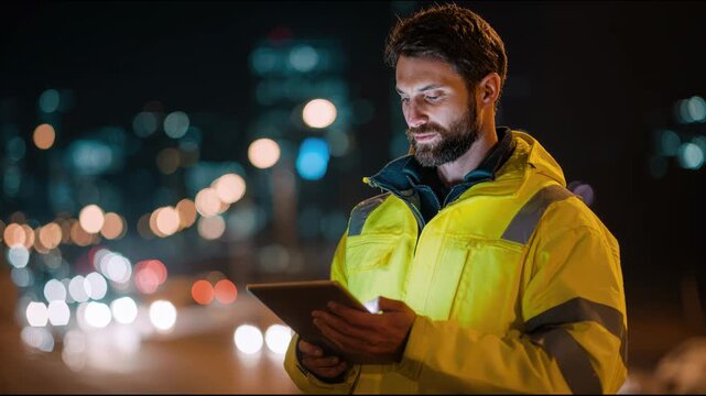 construction worker in a high-visibility jacket using a digital tablet