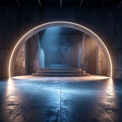 Futuristic Archway with Neon Light and Concrete Steps.