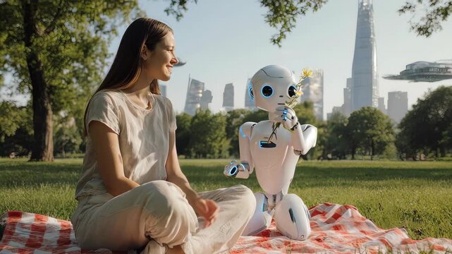 Woman and humanoid robot interacting on a picnic blanket with cityscape in the background 