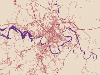 Street network map of Kon Tum, Viet Nam, burgundy linework on cream © W&S Stock