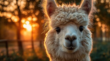 Obraz premium Cute alpaca enjoying sunlight in a green field during sunset hours surrounded by trees