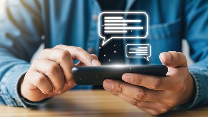 A person's hands holding a smartphone with glowing chat bubble icons, representing digital communication.
