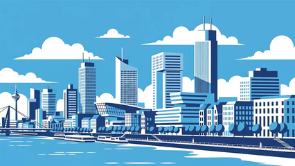 Vector illustration of Düsseldorf cityscape featuring a stylish waterfront skyline with generic modern buildings, river promenade, and urban lifestyle mood in flat vector style for travel and business