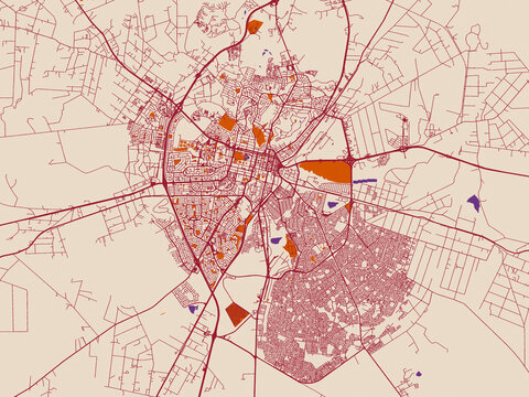 City map of Bloemfontein, South Africa &ndash; warm boho color palette