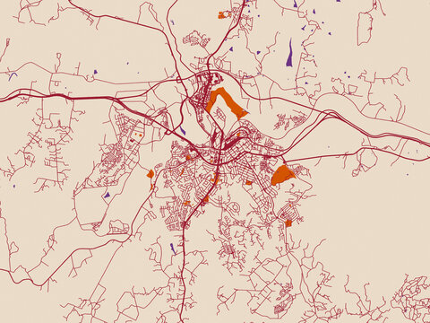 City map of Nelspruit, South Africa &mdash; cream-toned map field with burgundy roads, terracotta highlights and muted violet water shapes