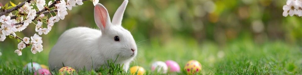 Fototapeta premium White rabbit in spring garden with colorful easter eggs and cherry blossoms