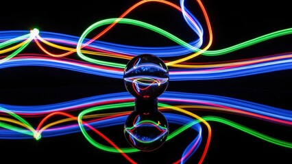 Glass sphere reflecting and refracting colorful light trails on a dark background, creating a mesmerizing abstract visual.