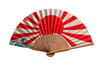 Traditional Japanese folding fan Sensu open halfway with red sun and wave design