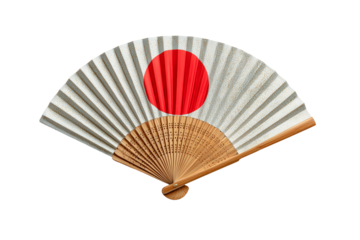 Traditional Japanese folding fan displayed with red sun design and wooden base in a bright setting with subtle colors
